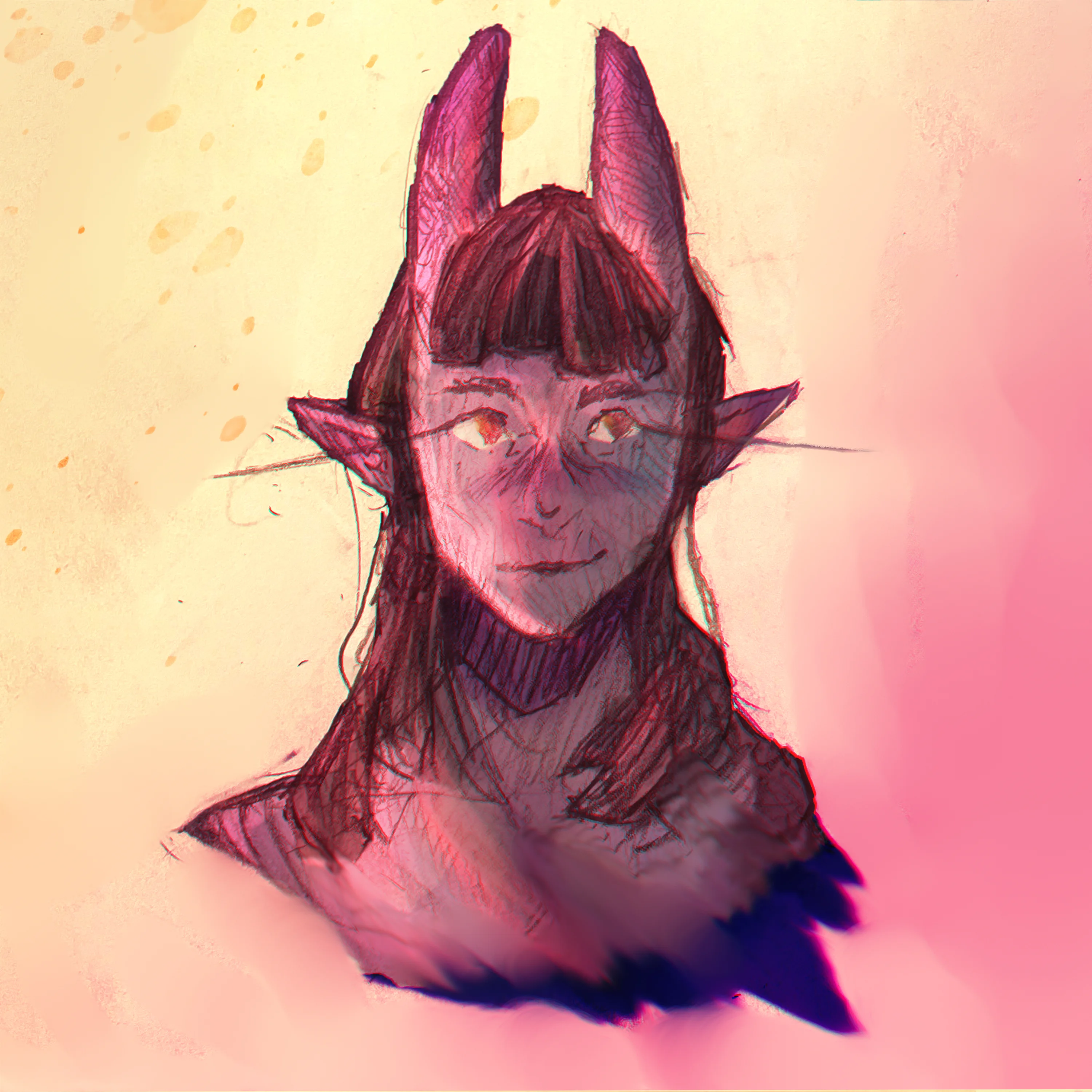 A digital sketch of a humanoid chick with elf-like ears, sporting long, dark hair and freakishly large, curved horns. Her skin is pale, and she's got a cheeky, confident look. The background is a trippy blend of pink, yellow, and purple. The style is loose and expressive, with visible brush strokes.